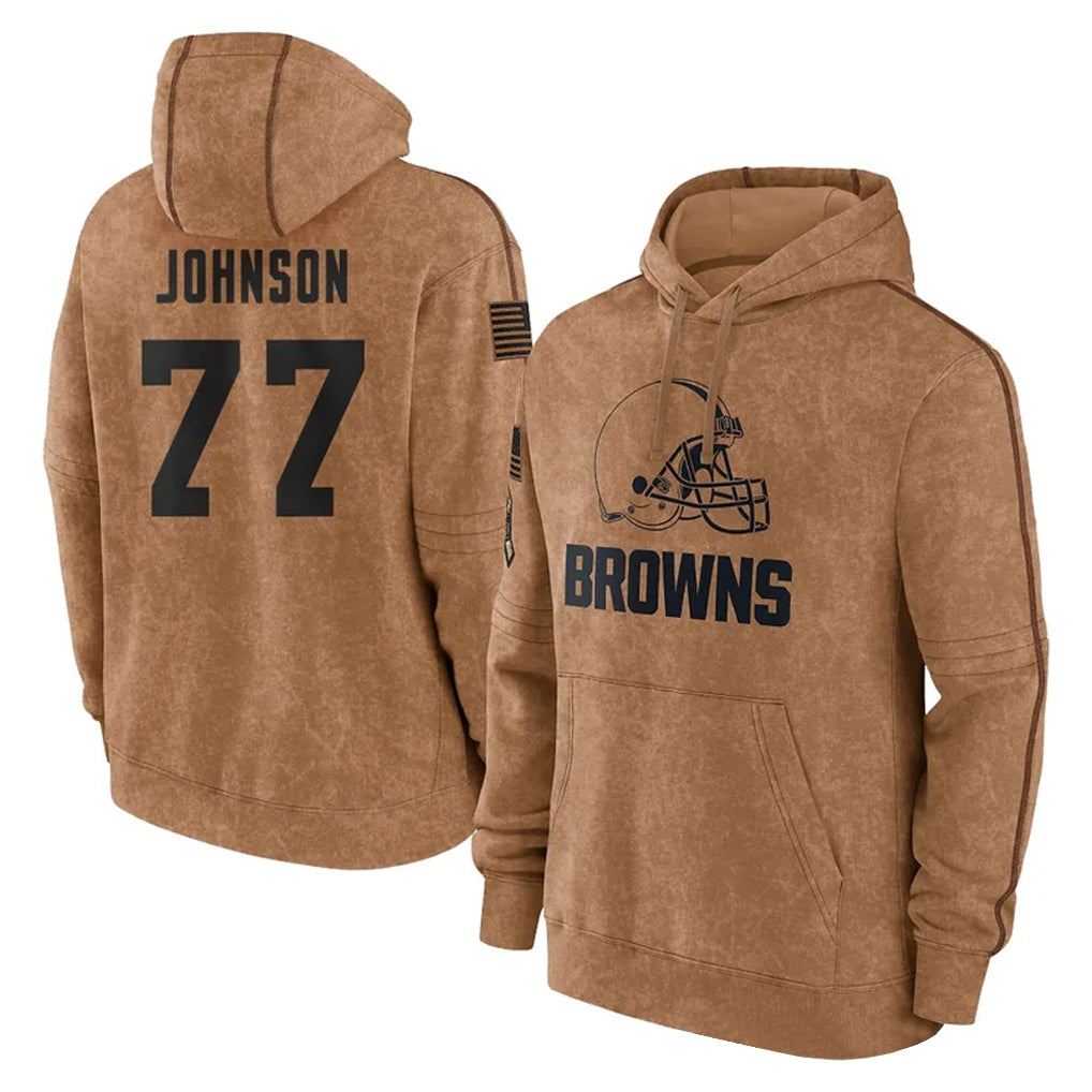C.Browns #77 Zion Johnson Player Brown Salute to Service Hoodies Limited Game Mdoa Stitched Jerseys