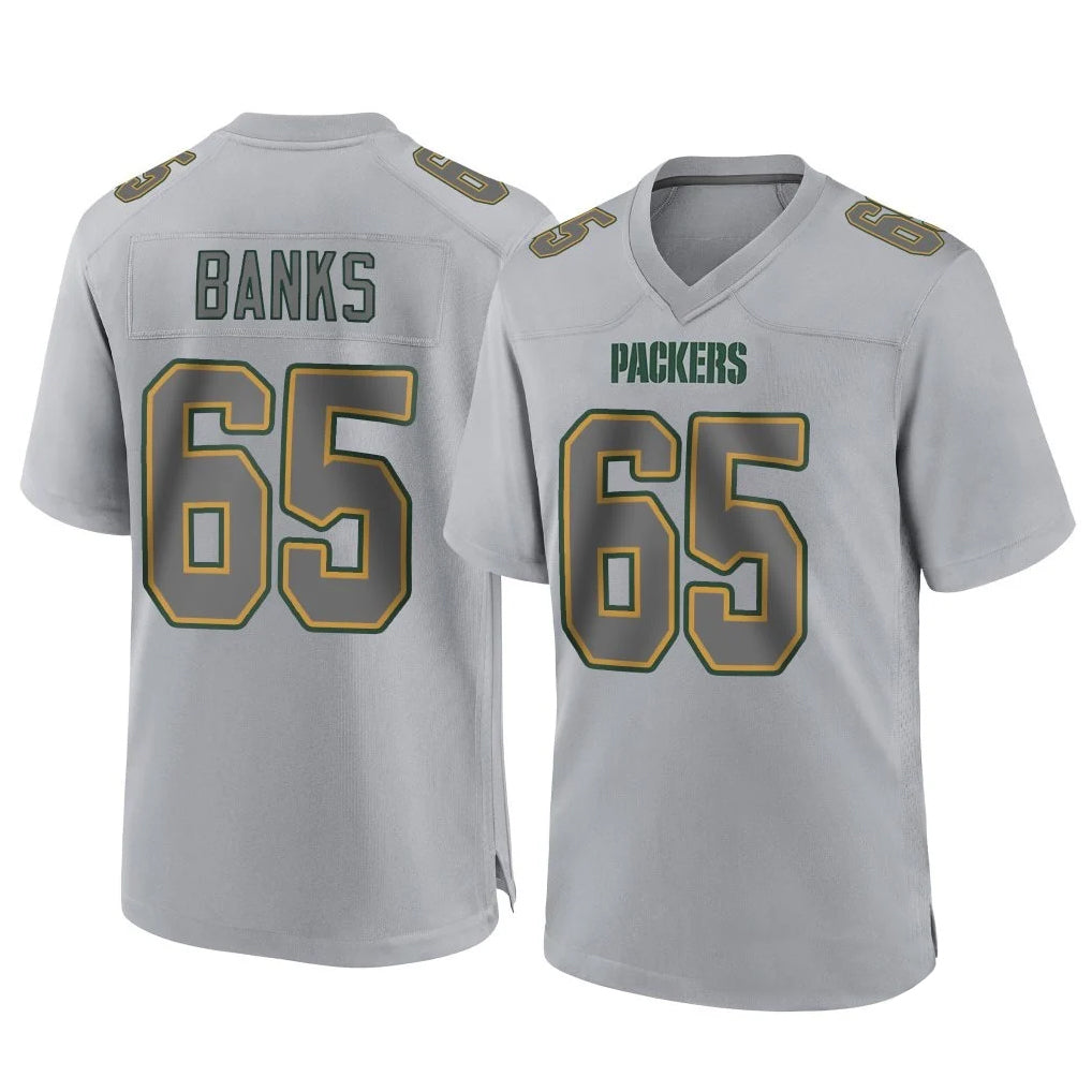 GB.Packers #65 Aaron Banks Player Gray Atmosphere Fashion Home Game Mdoa Stitched Jerseys