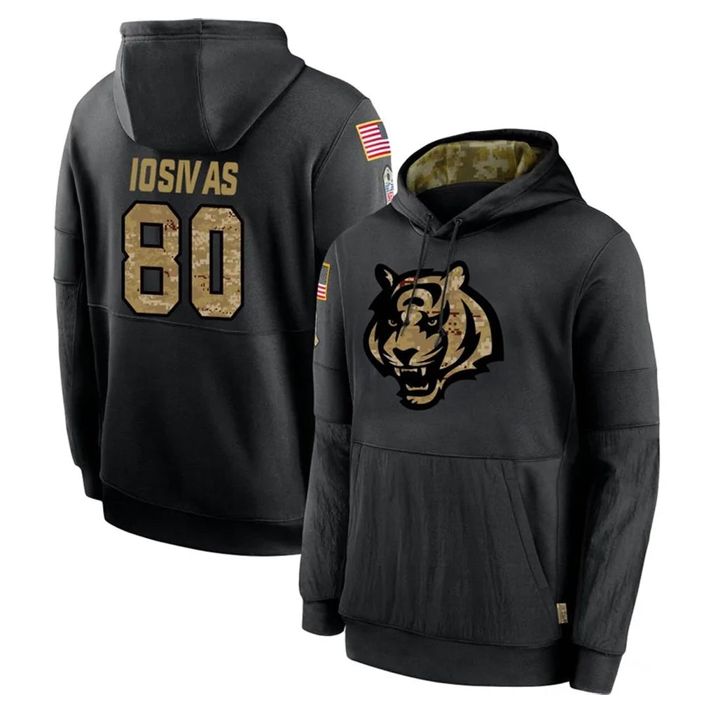 C.Bengals #80 Andrei Iosivas Player Black Salute to Service Pullover Hoodies Limited Mdoa Stitched Jerseys