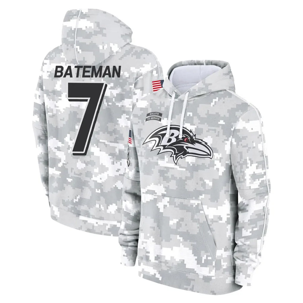 B.Ravens #7 Rashod Bateman Player Arctic Camo Salute to Service Pullover Hoodie Mdoa Stitched Jerseys