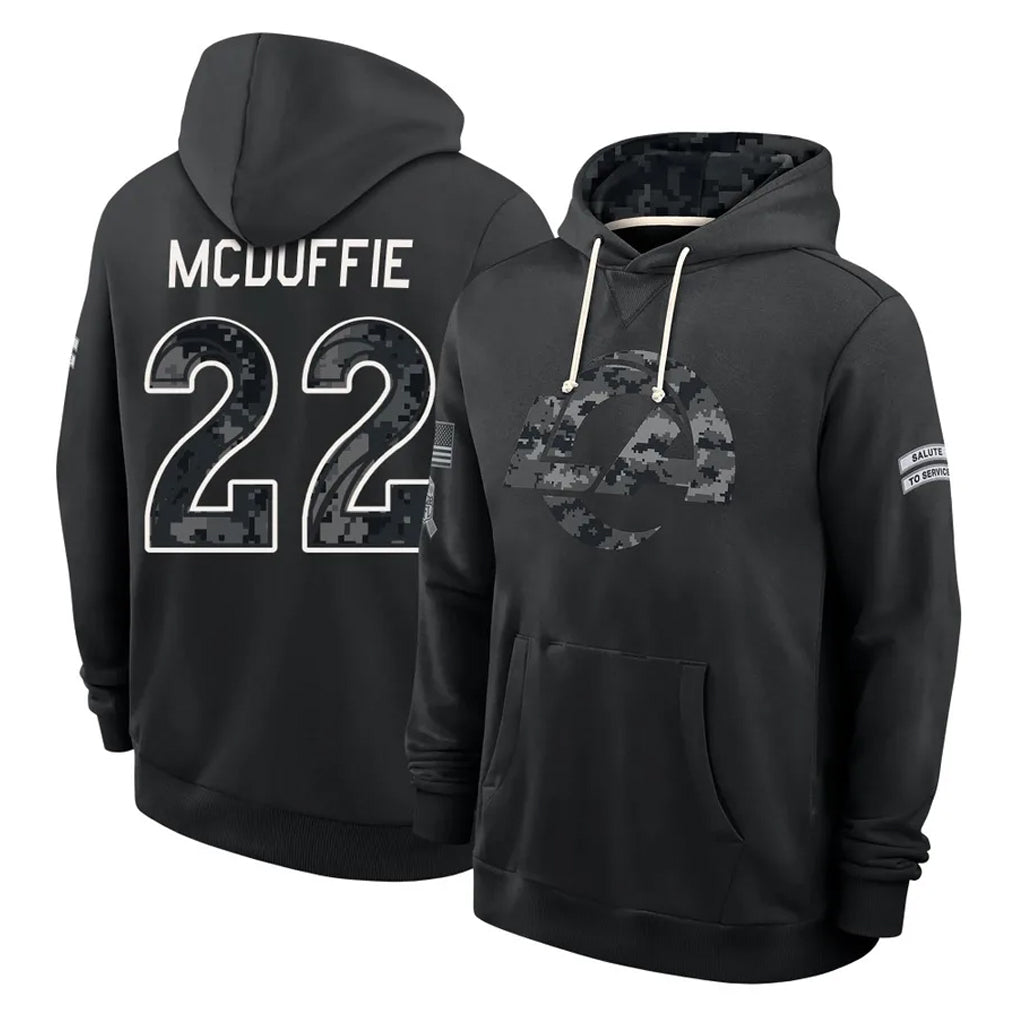 LA.Rams #22 Trent McDuffie Player 2026 Black Logo Pullover Hoodies Limited Game Mdoa Stitched Jerseys