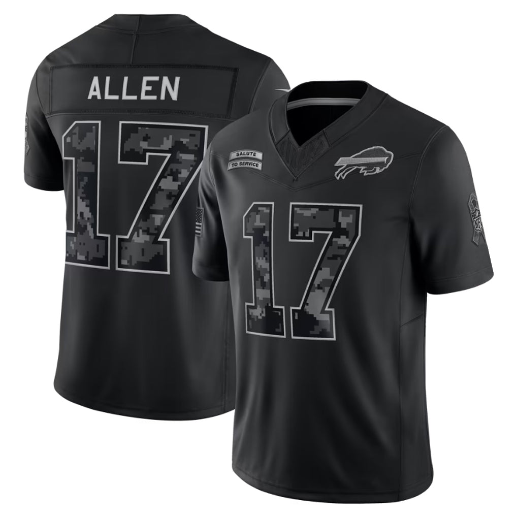 B.Bills #17 Josh Allen Player Black Limited 2026 Salute to Service Home Game Mdoa Stitched Jerseys