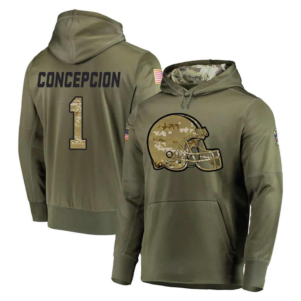 C.Browns #1 KC Concepcion Player Olive Salute to Service Pullover Hoodies Home Game Mdoa Stitched Jerseys