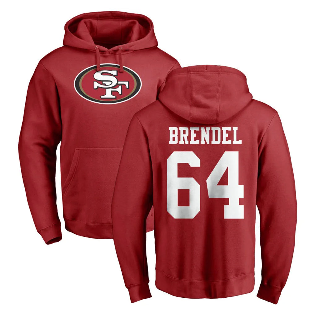 SF.49ers #64 Jake Brendel Player Red LOGO Pullover Hoodies Home Game Mdoa Stitched Jerseys