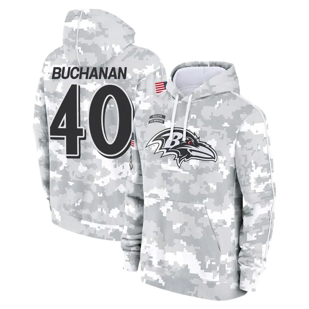B.Ravens #40 Teddye Buchanan Player Arctic Camo Salute to Service Pullover Hoodie Mdoa Stitched Jerseys