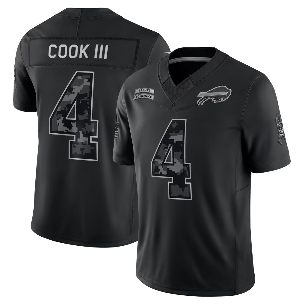 B.Bills #4 James Cook III Player Black Limited 2026 Salute to Service Home Game Mdoa Stitched Jerseys